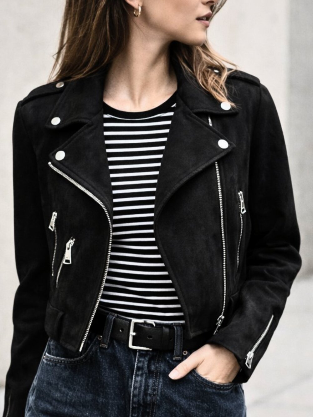 Vigoss Black Faux Suede Moto Jacket Silver Zip Cropped Biker Style Zip Detail